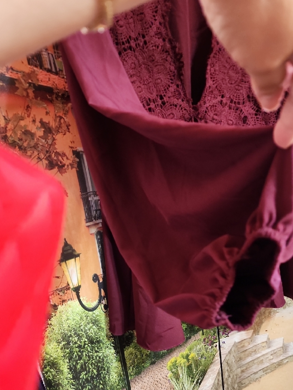 Women's Lace-Detail Peasant BO-Ho  Blouse - Burgundy - Picture 5 of 9